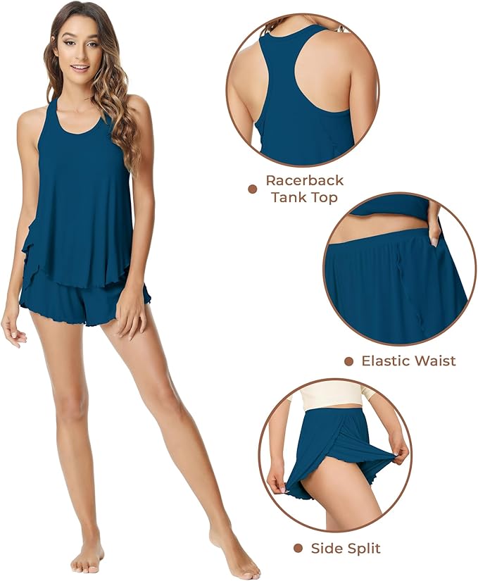 NACHILA Pajamas for Women-Viscose from Bamboo, Ribbed Racerback Tank Top Sexy Split Shorts Pajama Sets Cooling Sleep Cami Pjs