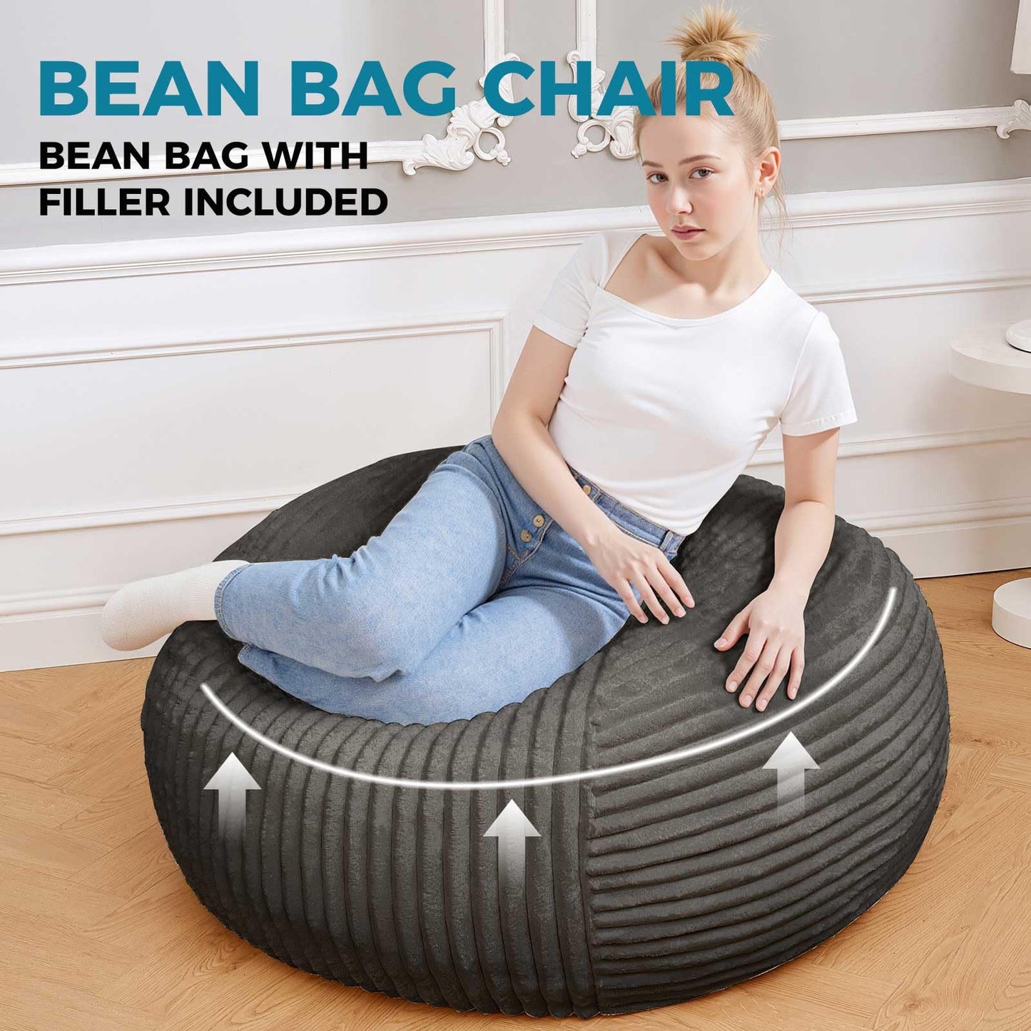 Bean Bag Chairs for Adults，Bean Bag Chair with Filler Included，Detachable and Washable Flannel Cover, Round Fluffy Sofa Chair Filled with Memory Foam, Suitable for Gaming, Bedroom (Grey)