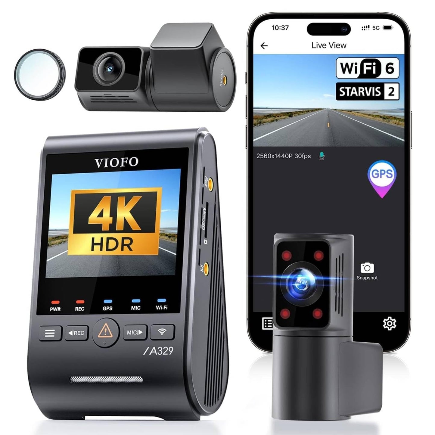 Viofo A329S 4K 3 Channel Dash Cam, 4K Front + 2K Cabin Fisheye (210) + 2K Rear, Power Saving Parking Mode, Wi-Fi 6 App Control,