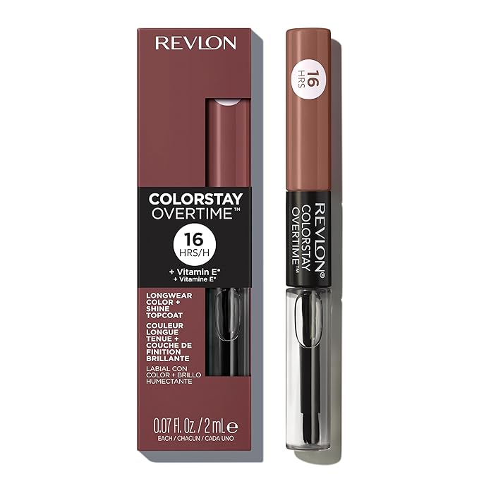 Revlon Liquid Lipstick with Clear Lip Gloss, ColorStay Overtime Lipcolor, Stocking Stuffer for Women, 560 Taupe Time, 0.07 fl oz