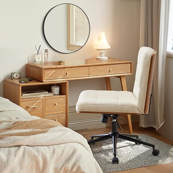 Furnimart FSC Wooden Wide Desk Chair, 360° Swivel Criss Cross Office Chair with Wheels, Comfy Cross Legged Sitting, Armless Height Adjustable Rolling Chair for Bedroom, Office, Vanity (Linen Beige)