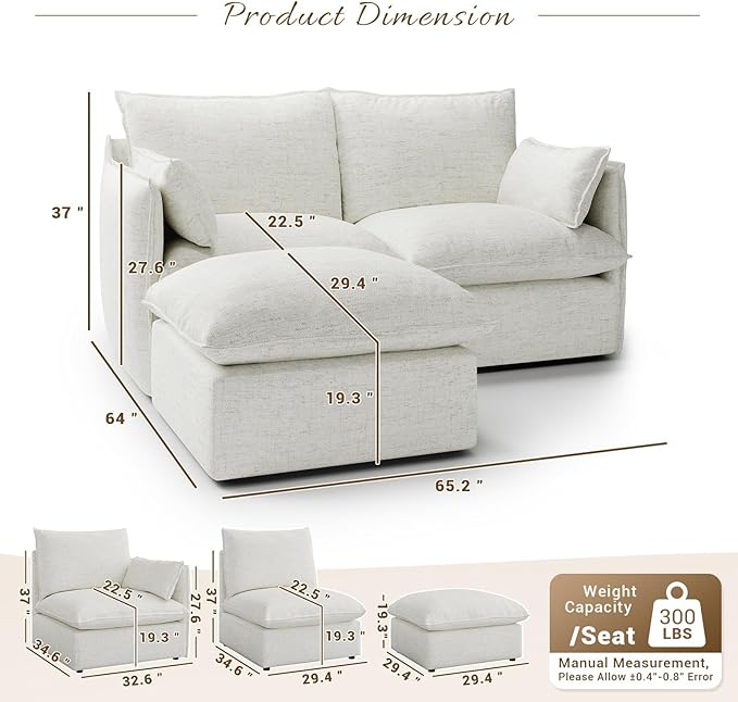 Forest aesthetics Cloud Modular Sectional,Waterproof High Backrest Loveseat Sectional Sofas,Down Filled Modular Couch with Removable Washable Cover for Living Room,Cream White