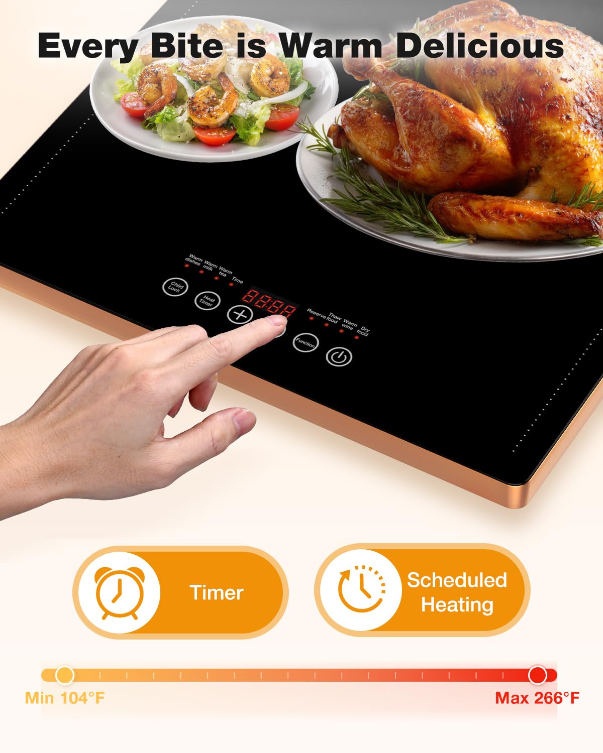WARMOUNTS Electric Warming Tray (40''×14''), Temperature Control Food Warmers for Buffets Party with Touch-sensitive Buttons and Timer, Full Surface Tempered Glass Top Heating Food Warming Tray