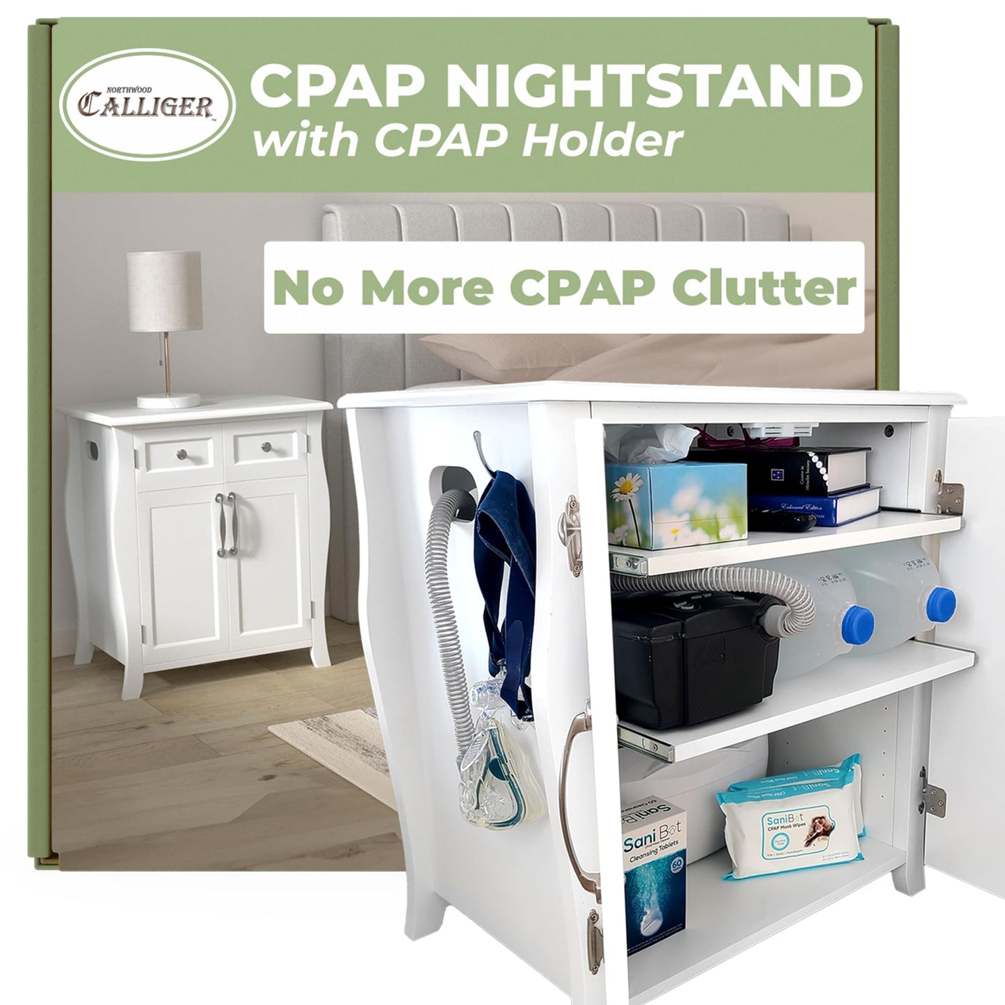 Northwood Calliger Bedroom CPAP Nightstand with Drawers for CPAP Accessories & Machine - Sleek Wooden Night Stand with CPAP Hose Holder Bed Side Table with Storage (White)
