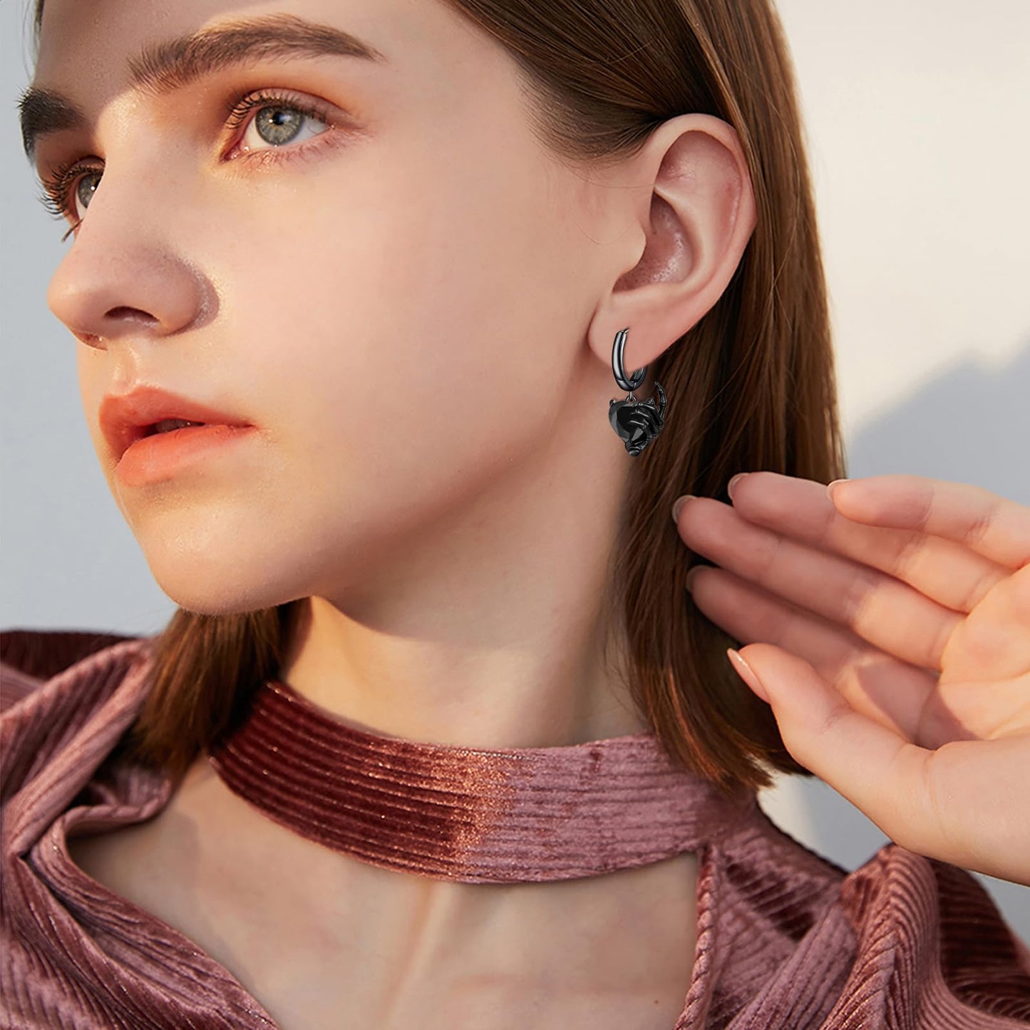 OHAYOO Skeleton Hand Earrings 925 Sterling Silver Skull Huggie Hoop Earrings Halloween Drop Dangle Earring Gothic Jewelry Gifts for Women Men-Black