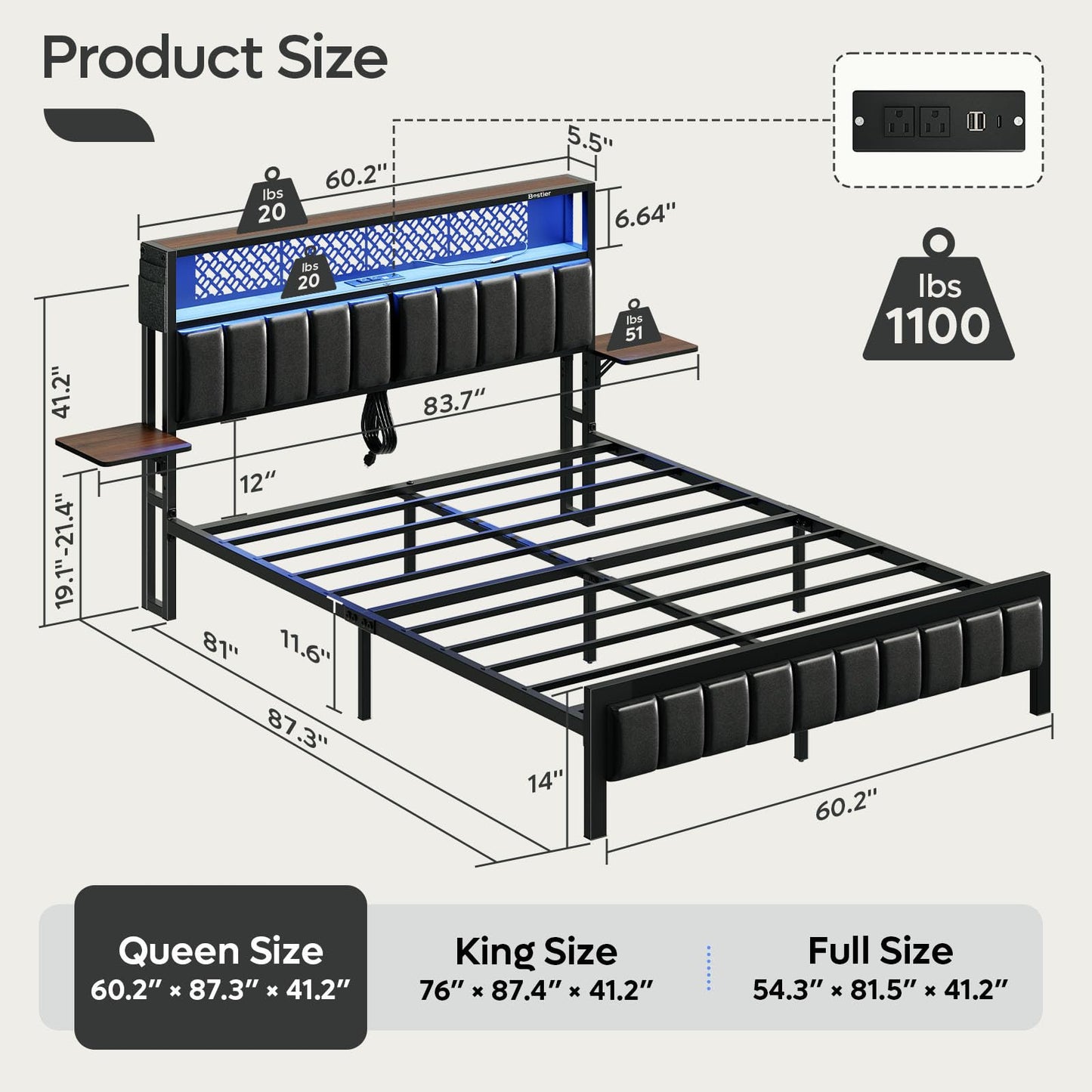 Bestier Queen Bed Frame with Upholstered Headboard and Charging Station, Folding Bedside Shelves Storage, LED Metal Platform Bed Frame, Non-Slip, Noise-Free, Easy Assembly, Walnut