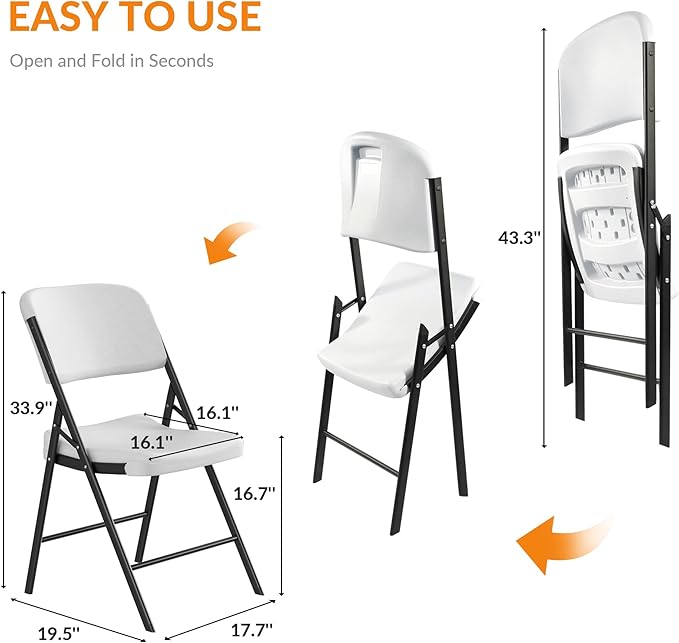Elevon Folding Chairs Heavy Duty Plastic Chairs with 350-Pound Capacity for Home Office Camping Kitchen Dining Wedding Party Event Picnic, White, 6-Pack
