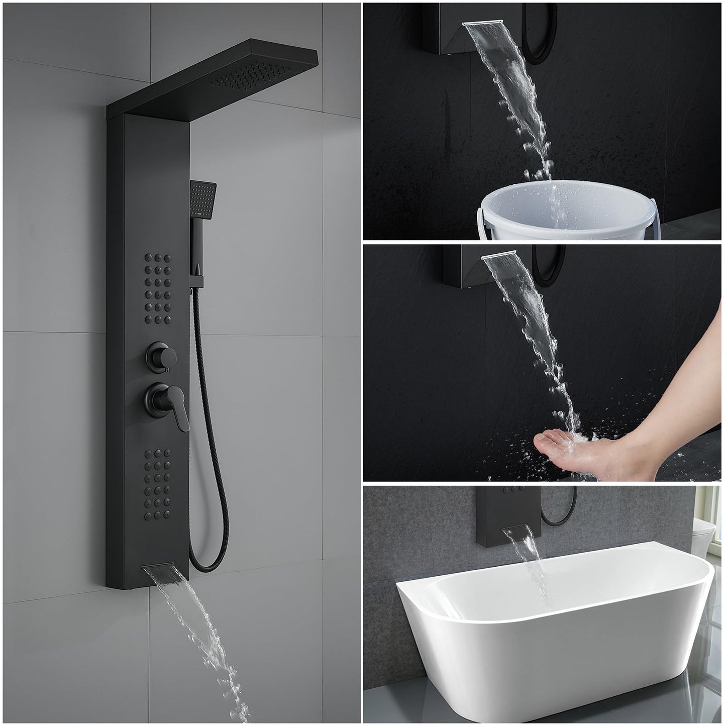 ROVATE Shower Panel Tower System with Rainfall Shower Head, Elegant Matte Black Shower Tower with Powerful Body Jets, Handheld Shower and Tub Spout, Stainless Steel Shower Column Black High Pressure