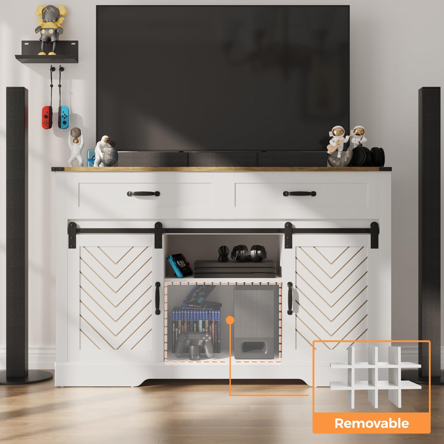RoyalCraft 52'' Sideboard Buffet Cabinet with Storage, Farmhouse Coffee Wine Bar Cabinet with Drawers, Sliding Barn Door, Wine & Glass Rack, Console Table for Living Room, Kitchen, Wood-Tone White