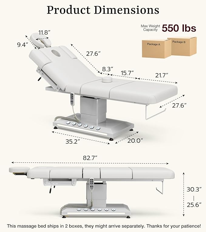 VARONXE Full Electric Massage Table Spa Bed, Professional Facial Bed with Independent Leg Adjustment, Armrests and Cradle, Medical Treatment Chair for Beauty Salon, White
