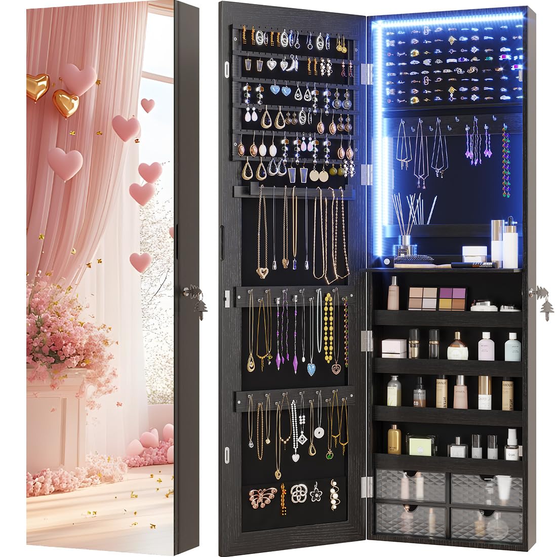 Vlsrka 47.2" LED Jewelry Armoire Organizer, Wall/Door Mounted with Full Length Mirror, Large Storage Hanging Cabinet, 4 Drawers, 5 Shelves, Built-in Lighted Mirror (Wood Black)