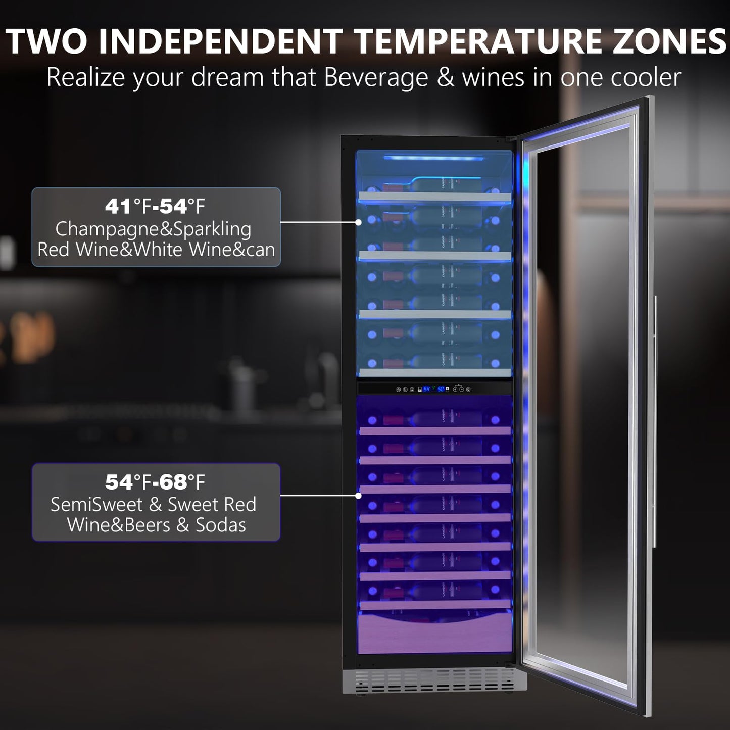COWSAR 24 Inch Wine Cooler Drink Fridge, 105 Bottles Commercial Wine Fridge, Tall Freestanding/Built-in Beverage Refrigerator Glass Door with Removable Wooden Shelves, Blue LED Lights, Safety lock
