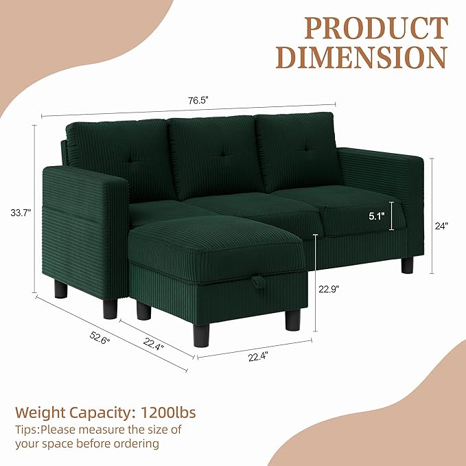 Shintenchi 76" Modern Upholstered Sectional Sofa, L-Shaped Couch with Storage Ottoman and Reversible Chaise for Living Room, Green Linen Fabric