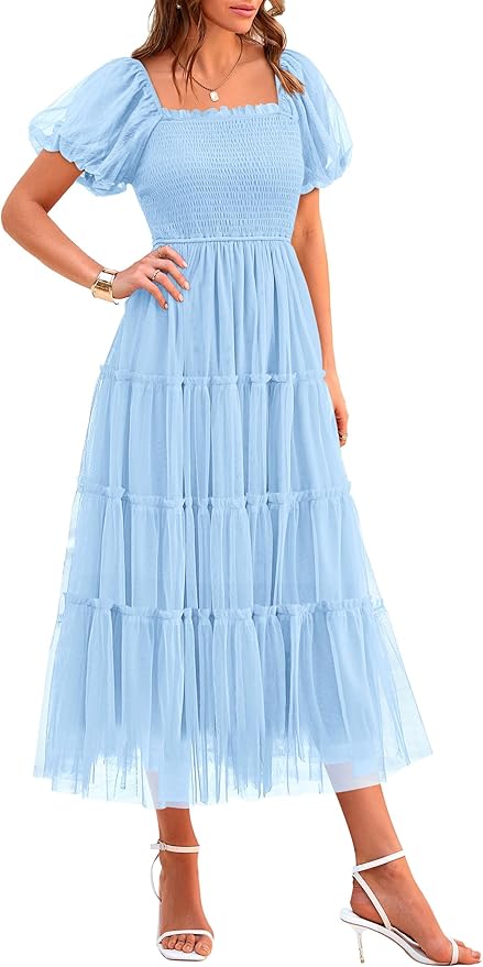 PRETTYGARDEN Women's Smocked Midi Tulle Dress 2026 Summer Puffy Short Sleeve Square Neck Ruffle Wedding Guest Party Dresses
