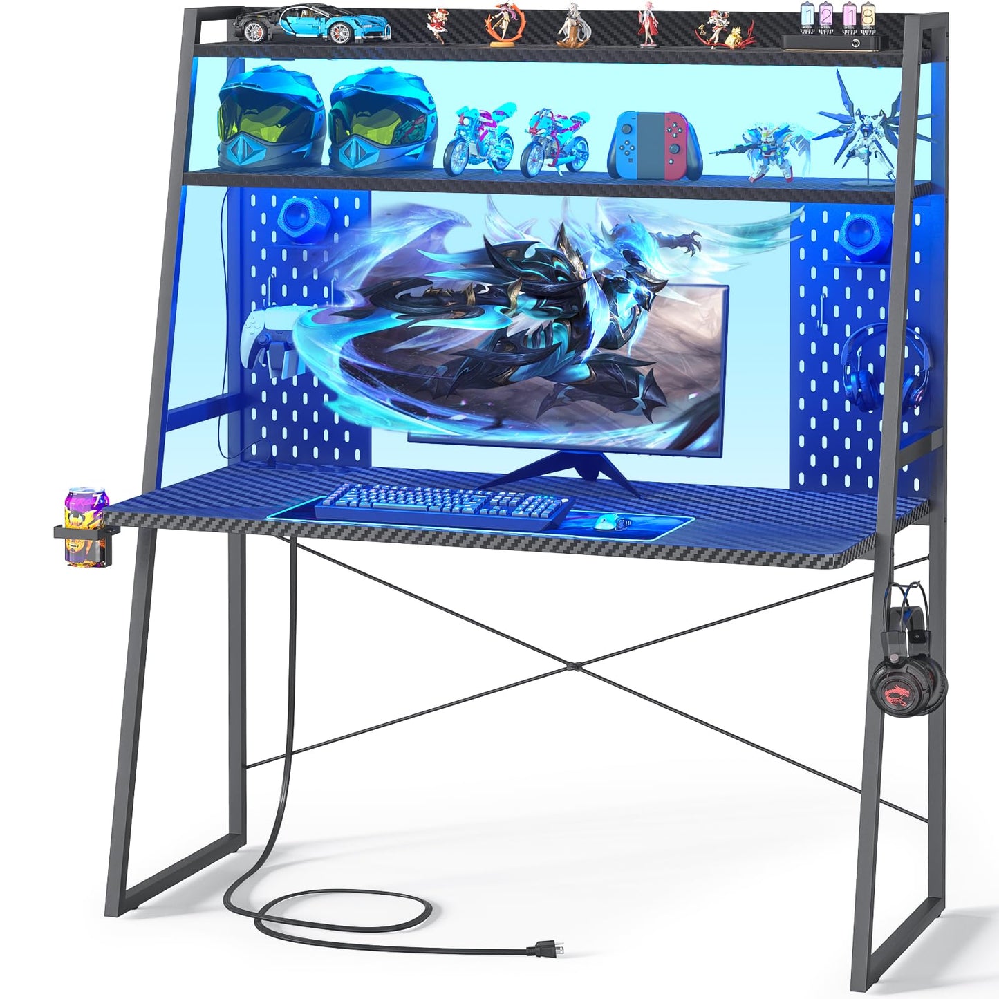 Besiost Small Gaming Desk with Hutch and LED Lights, Gaming Computer Desk with Power Outlets, Gamer Desk with Storage Shelves, Game Desks with Pegboards for Bedroom Small Spaces, Black, 43"