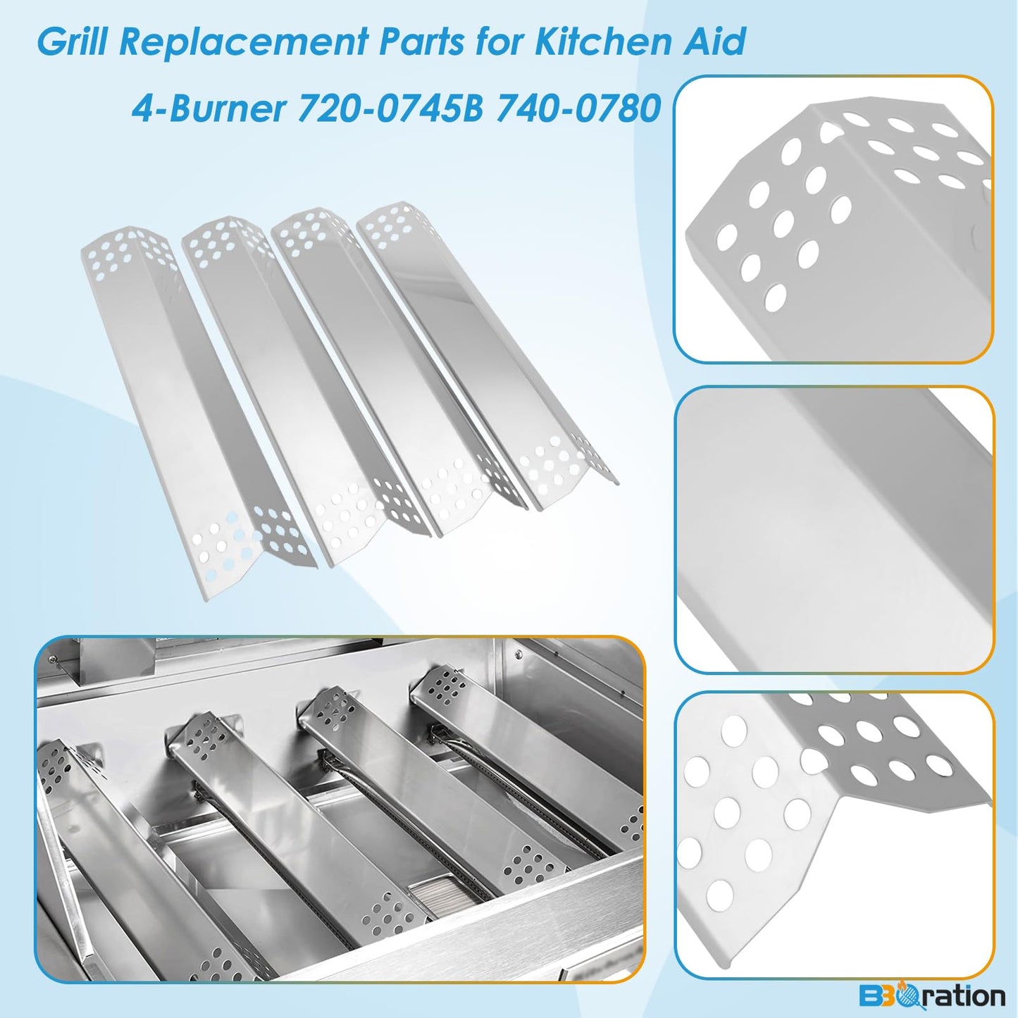 BBQration Replacement Kit for Kitchen Aid 720-0745B 740-0780 860-0012 720-0745 720-0745A, 7MM Solid Stainless Steel Cooking Grates, Burners and Heat Plates for Kitchenaid Grill Replacement Parts
