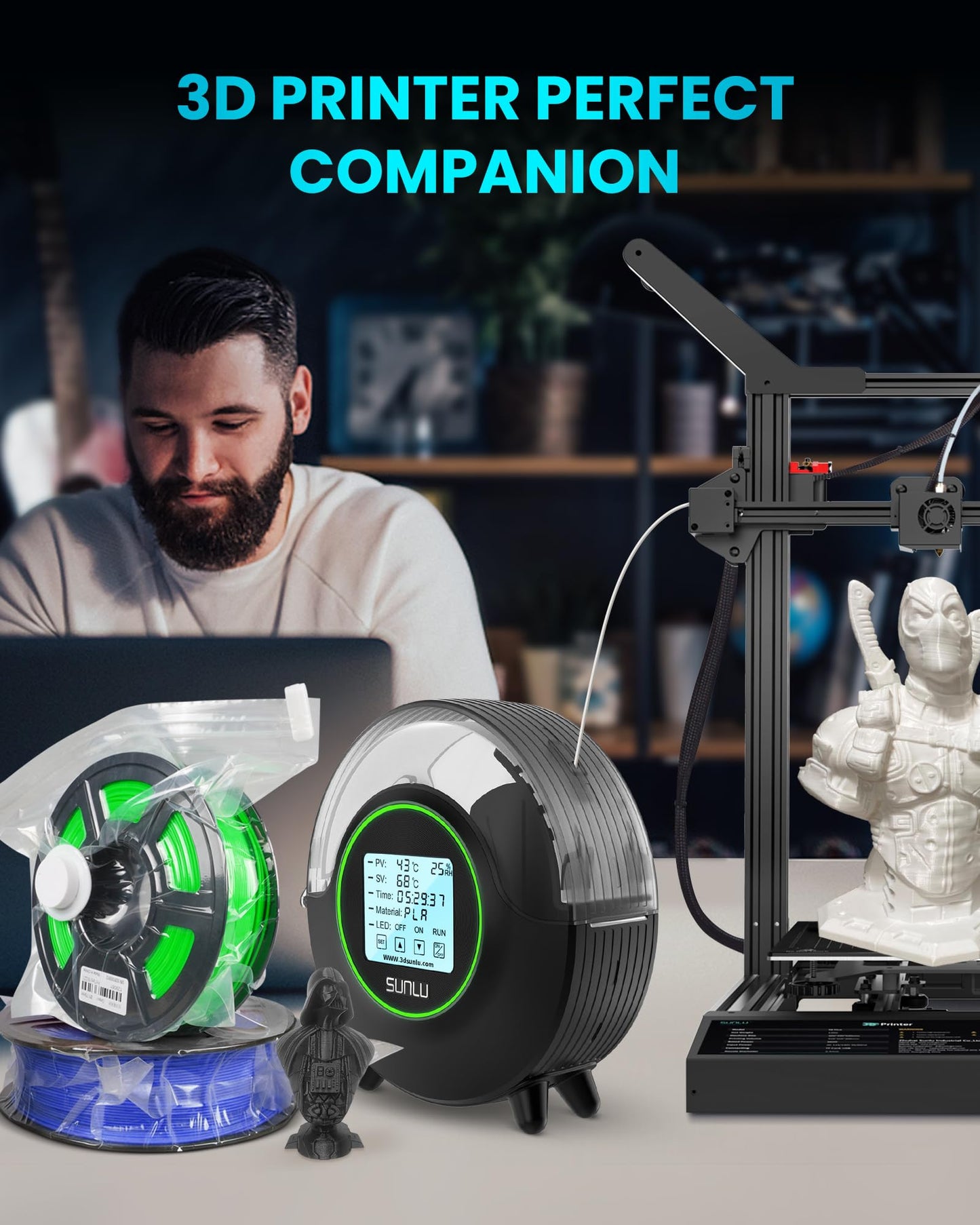 SUNLU Official Filament Dryer S2, Upgraded 3D Filament Dryer with 360°Heating Fan, Filament Dehydrator, One-Key Set with 4.6" Touch Sreen, Compatible with 1.75 2.85 3.00mm PLA PETG ABS Filament, Black