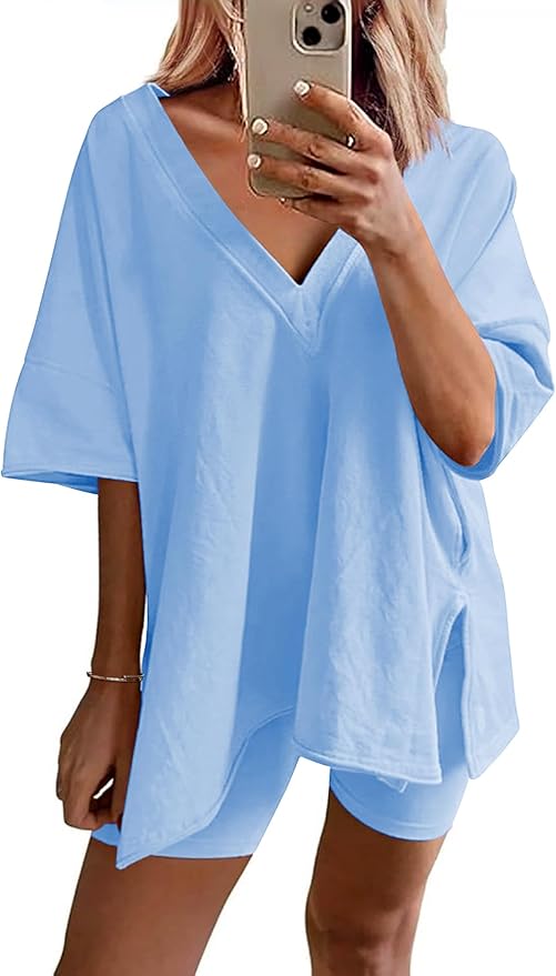Ekouaer Womens Pajamas 2 Piece Lounge Sets Oversized V Neck T-Shirts Tops Biker Shorts Set Workout Reversible Tracksuit S-XXL