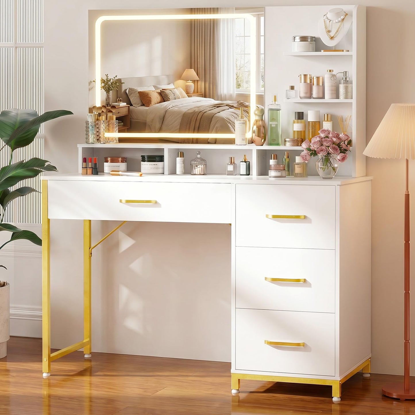LUCKRACER Vanity Desk with LED Lights Mirror, Makeup Vanity with Storage Drawers and Shelves, Modern Dressing Table for Women Girls Bedroom, Ivory White