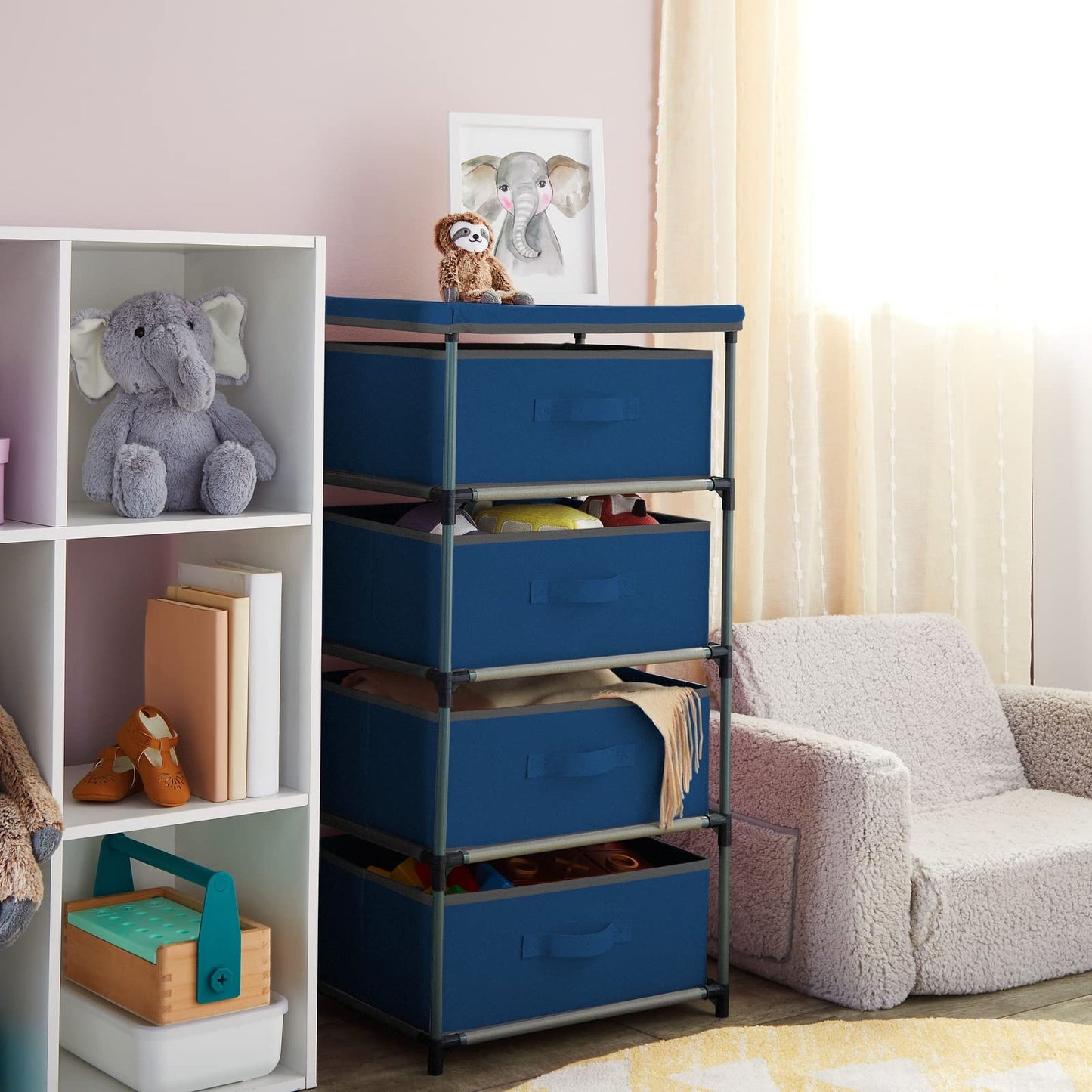 Juvale 4-Tier Tall Closet Dresser with Drawers - Organizer and Small Fabric Storage for Bedroom (Navy Blue) - Dresser for Kids Bedroom