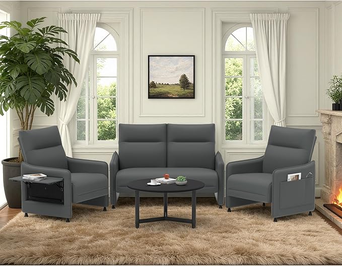 Tbillionnext 3-Piece Living Room Sofa Set, Faux Leather Loveseat & Accent Chairs Set of 2 with Hidden Foldable Tray & Side Pocket, Rear Contour Arm Design, Upholstered Sofa Set for Office, Gray