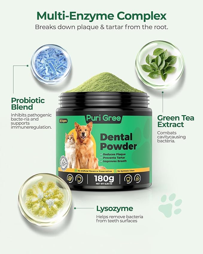 Dog Dental Powder, Dog Teeth Natural Cleaning Powder, Dogs Breath Freshener, Enzymes & Probiotic with Plaque and Tartar Off, Pets Tooth Cleaning 180g/6.36 oz