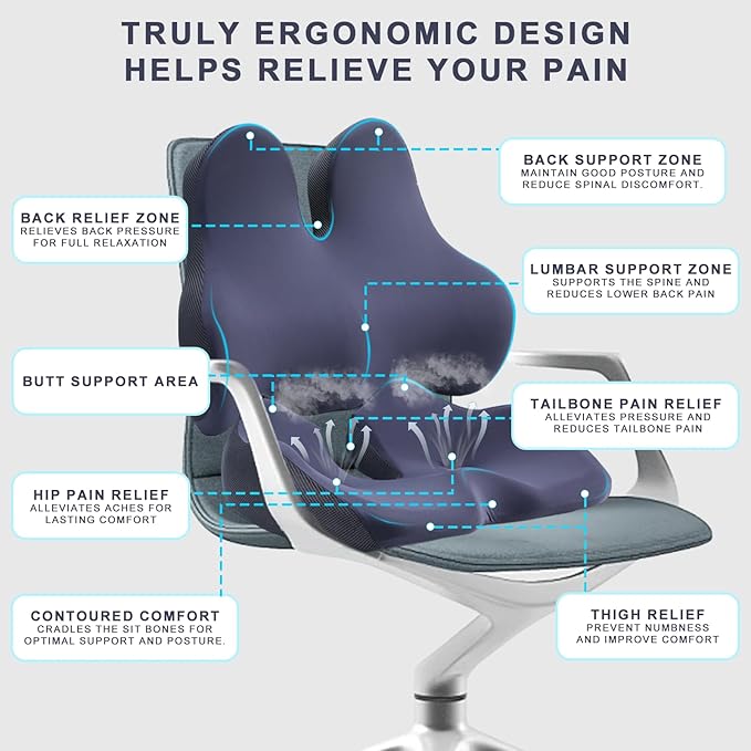 KWYBOW Large Seat Cushion & Lumbar Support Pillow Set for Car & Office Chair,Memory Foam Ergonomic Desk for Tailbone & Sciatica & Hip Pain Relief,Back Support-Black