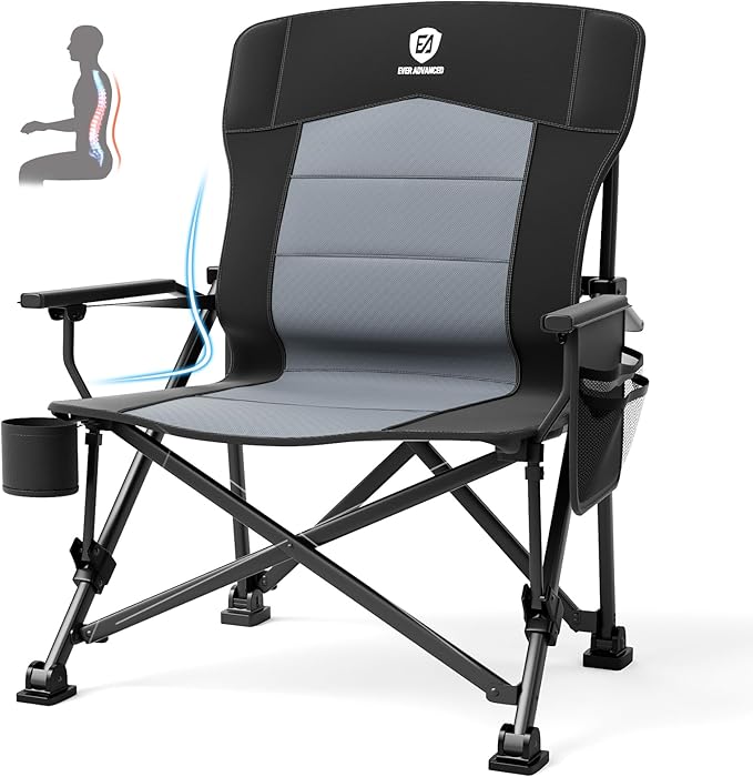 EVER ADVANCED Oversized Folding Camping Chair for Adults with Adjustable Lumbar Support, Heavy Duty Chair with Side Pocket...