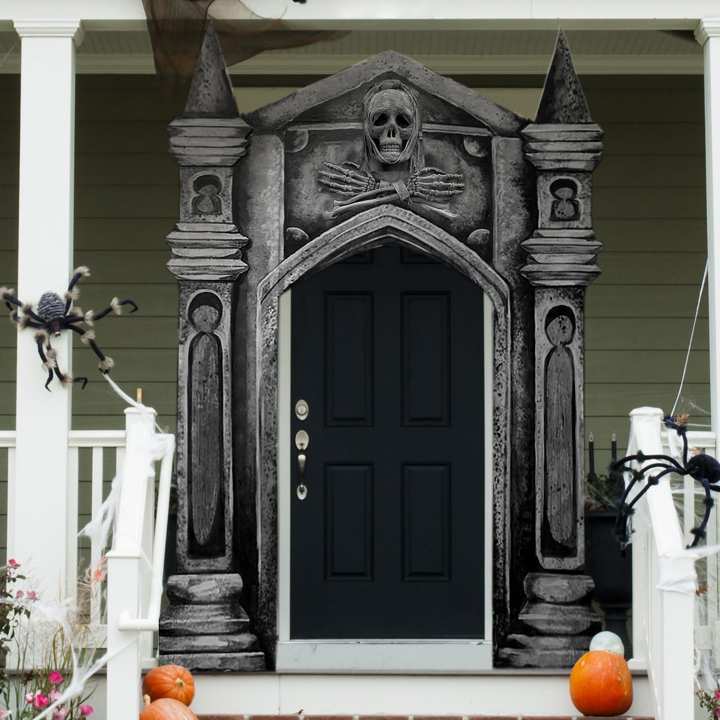 Fanfanwin 3 Pcs Halloween Archway Cemetery Graveyard Decorations Haunted Gothic Mansion Door Cover 3D Halloween Banners Decor Skull with Tombstone Sign Spooky Pillar Sign for Outdoor Party Supplies
