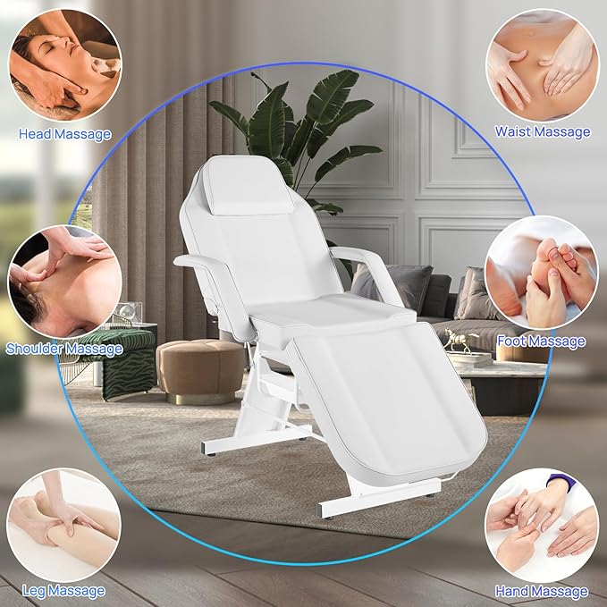 Facial Chair Tattoo Chair Massage Bed Adjustable 3-Section Multipurpose with Hydraulic Stool for Esthetician Beauty Spa Tattoo Eyelash Equipment White