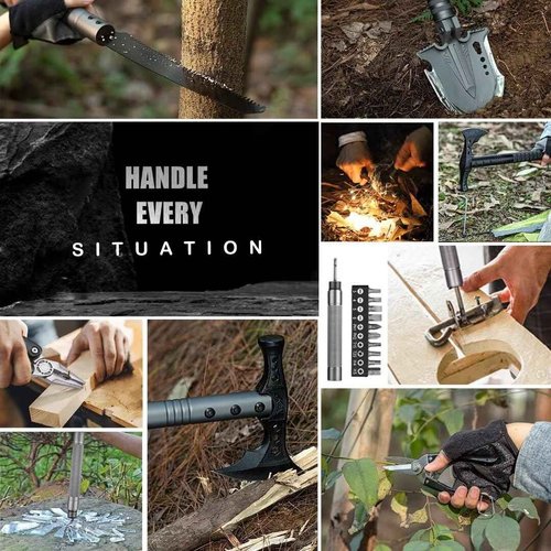 HUZSV Survival Shovel Multitool with Axe 28 in 1 Unbreakable Tactical Shovel kit Compact Camping Shovel for Outdoor Caming Hiking Backpacking Emergency