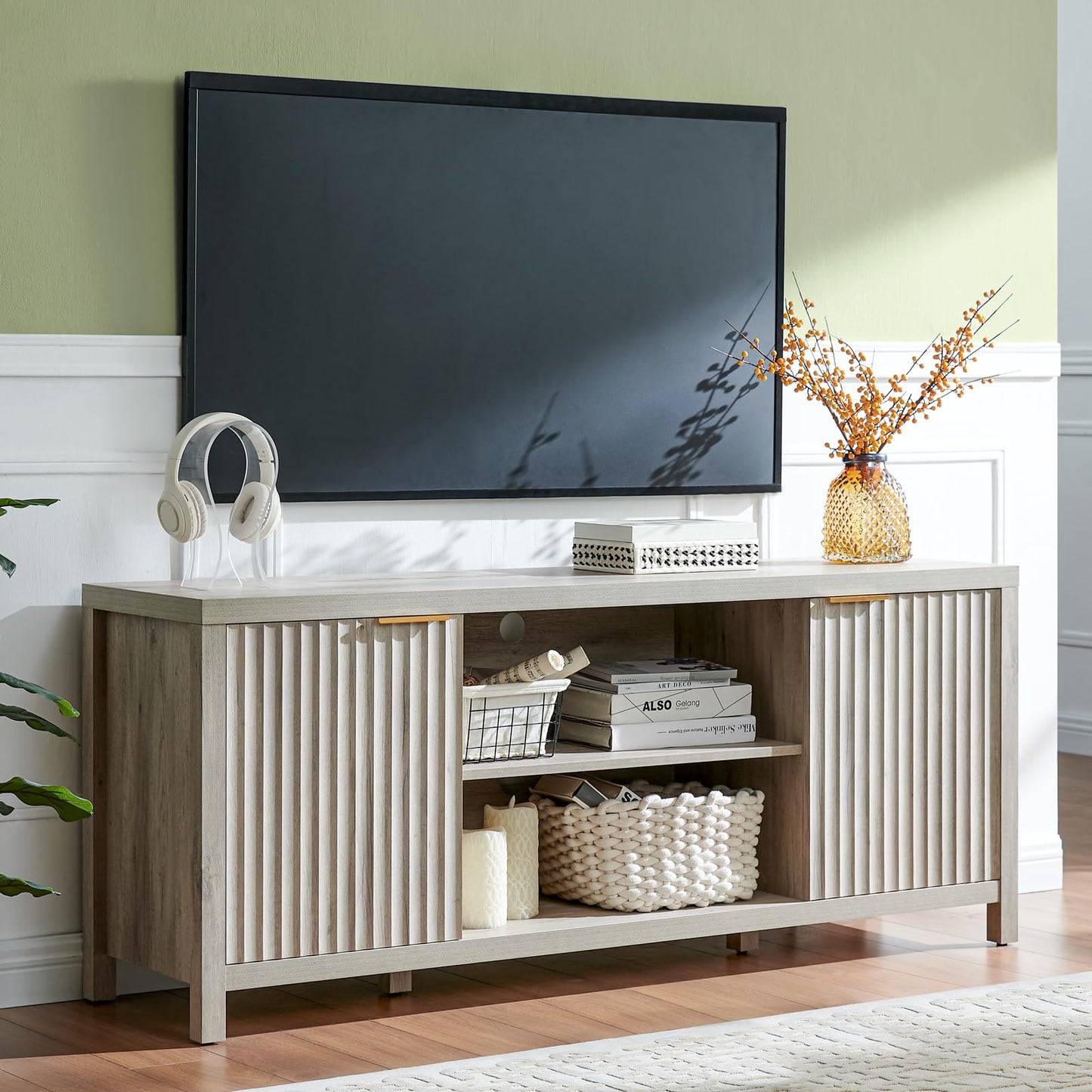 OAKHAM HOME Fluted TV Stands for Living Room, Heavy Duty Entertainment Center with Storage, Mid Century Modern Television Stands for 50/55/60/65 TV, Oxford Media TV Console (Medium,Grey Oak)