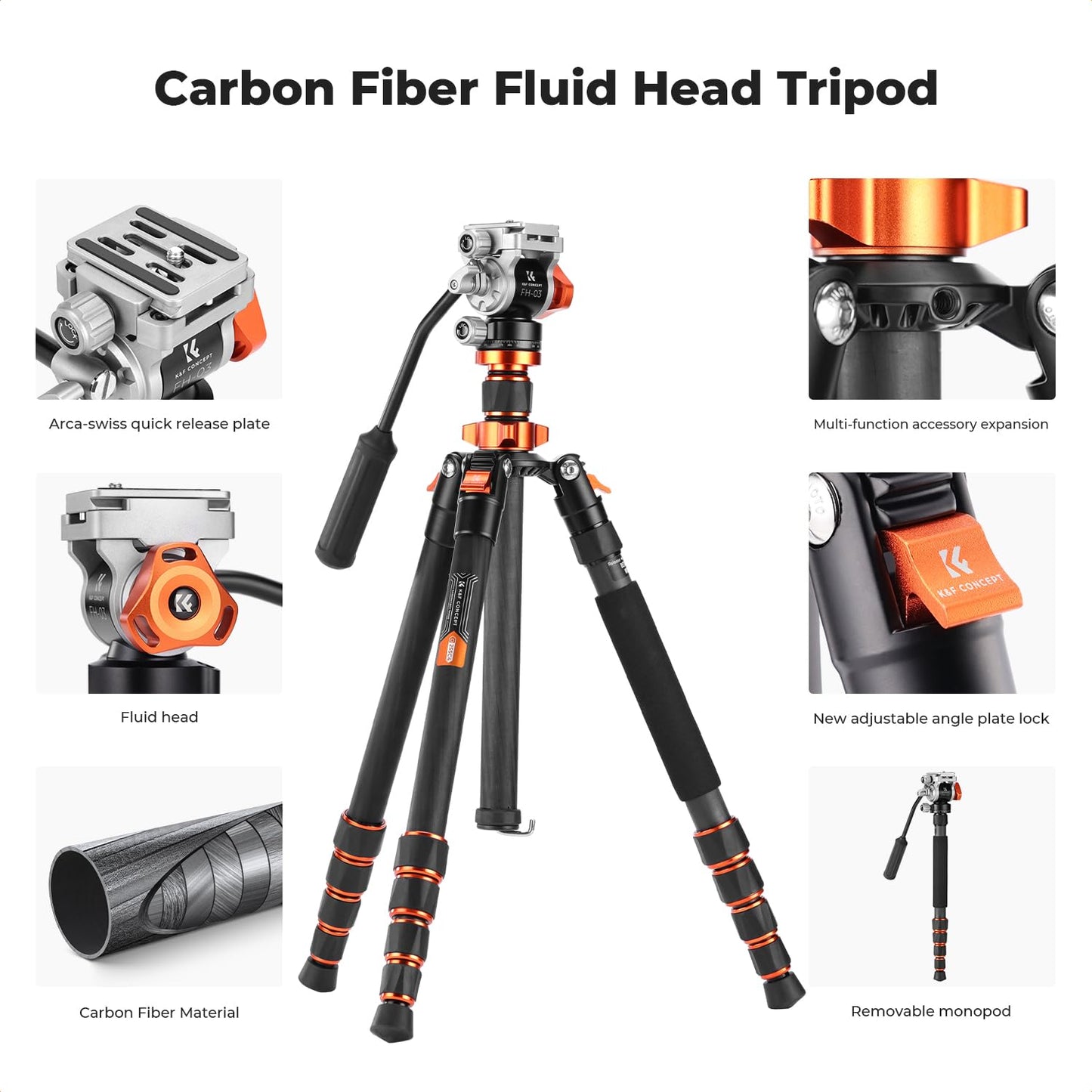 K&F CONCEPT Tripod for Camera，68'' Carbon Fiber Tripod with Fluid Head Max Load 11lb, Lightweight DSLR Camera Tripods & Monopods for Canon Sony Nikon.