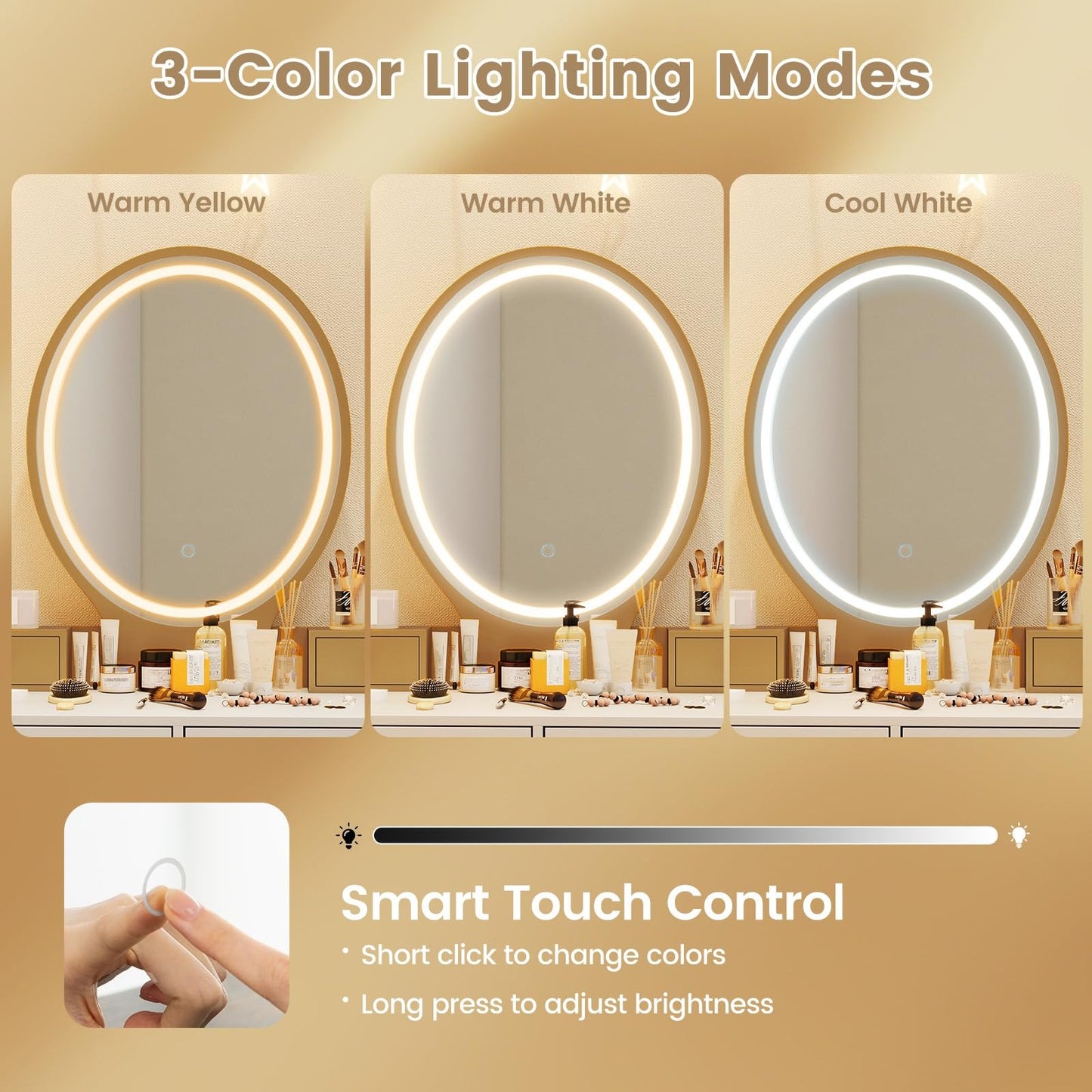 CHARMAID Vanity Desk with Mirror and Lights, White Makeup Vanity Table with 4 Drawers, Charging Station, 3-Color Lighted Mirror, Modern Girls Dressing Table with Stool for Small Bedroom