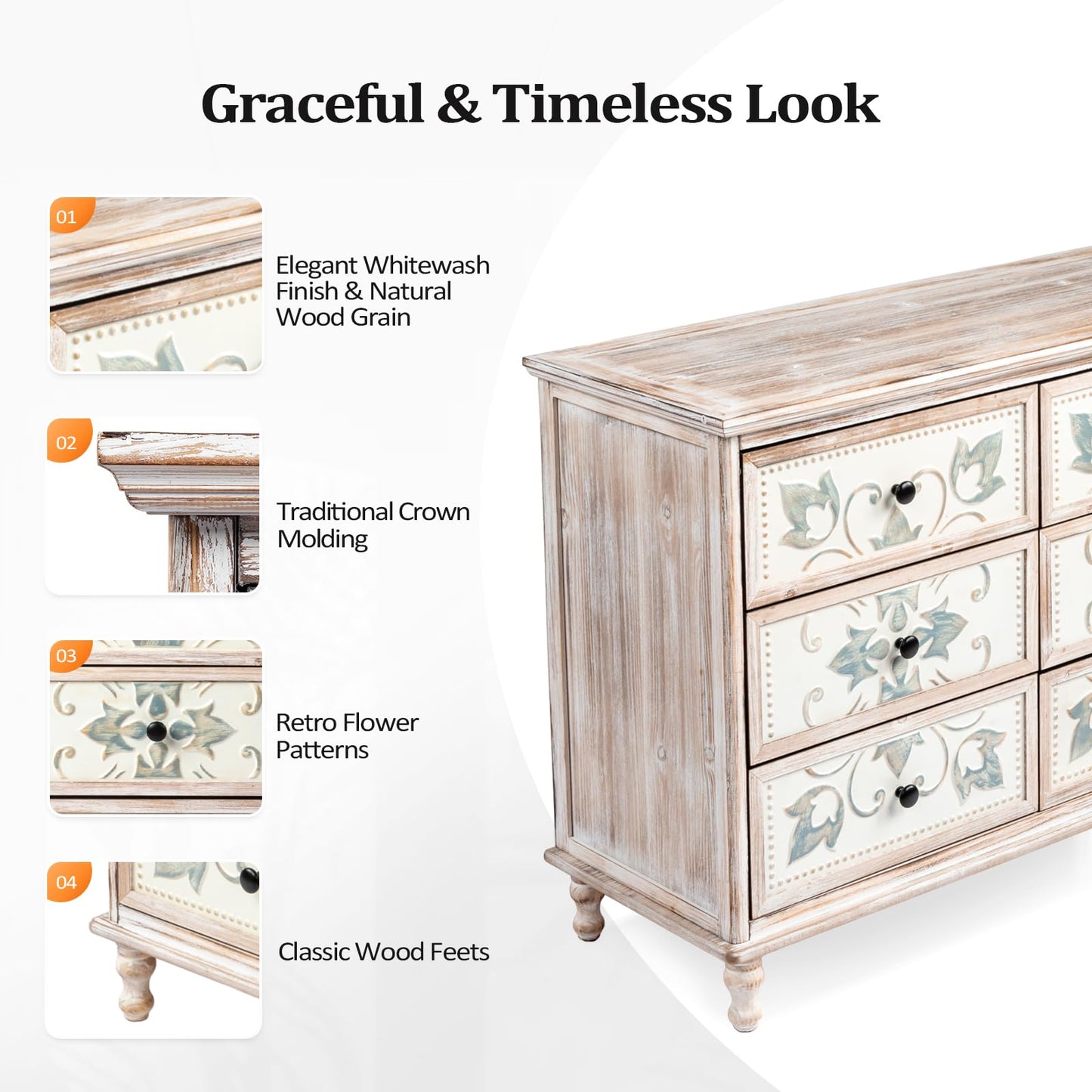 VINGLI Wash White Dresser for Bedroom, 6 Drawer Dresser Chest of Drawers, Boho Dresser Wooden, French Country Dresser with Carved Flower Pattern Drawers & Solid Wood Legs