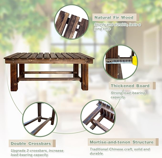 LSPYYDS Outdoor Garden Bench, 3-Person Wood Patio Bench Weatherproof Outdoor Backless Bench, Anti-Corrosion and Anti-Rust Garden Benches for Garden Lawn Porch Park Backyard (Carbonized,47.25''/120cm)