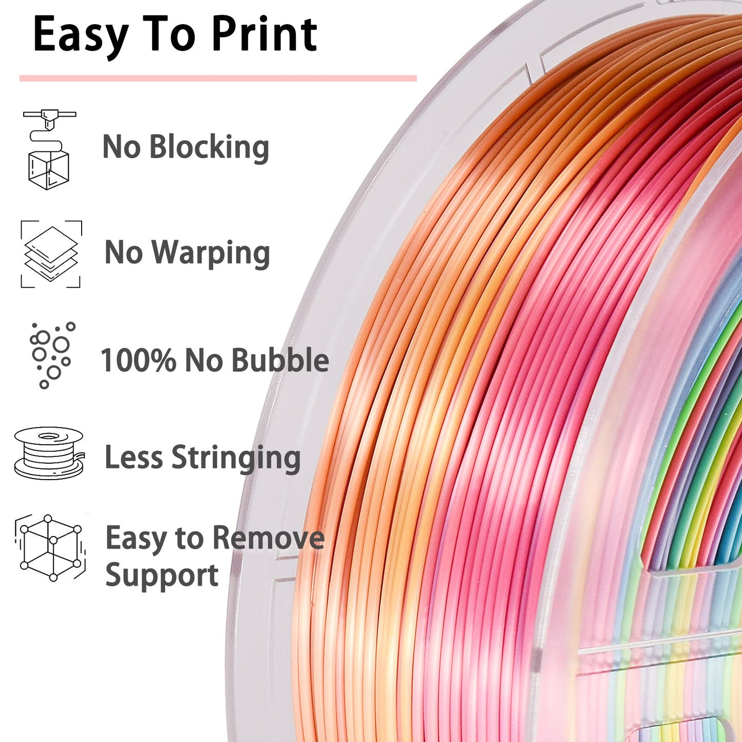 LOCYFENS Silk PLA Filament Multicolor, 3D Printer Filament Rainbow PLA Filament 1.75mm +/- 0.02mm, 3D Printing Filament 1kg/2.2lbs