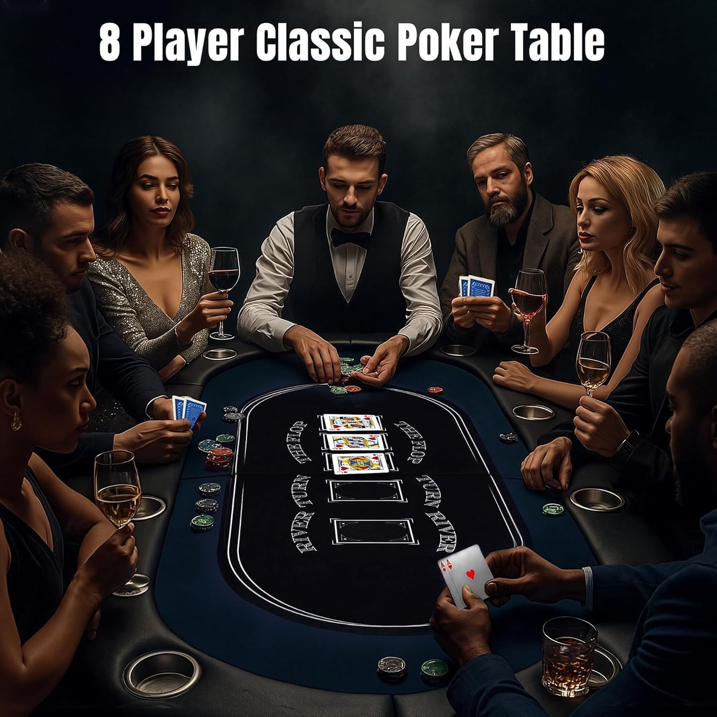 Hyner 8 Player Foldable Poker Table for Adults - Professional Casino Design w/Padded Rail & Deep Cup Holders | Heavy-Duty Steel Frame | Portable for Home Games, Parties & Poker Nights, 71 Inch
