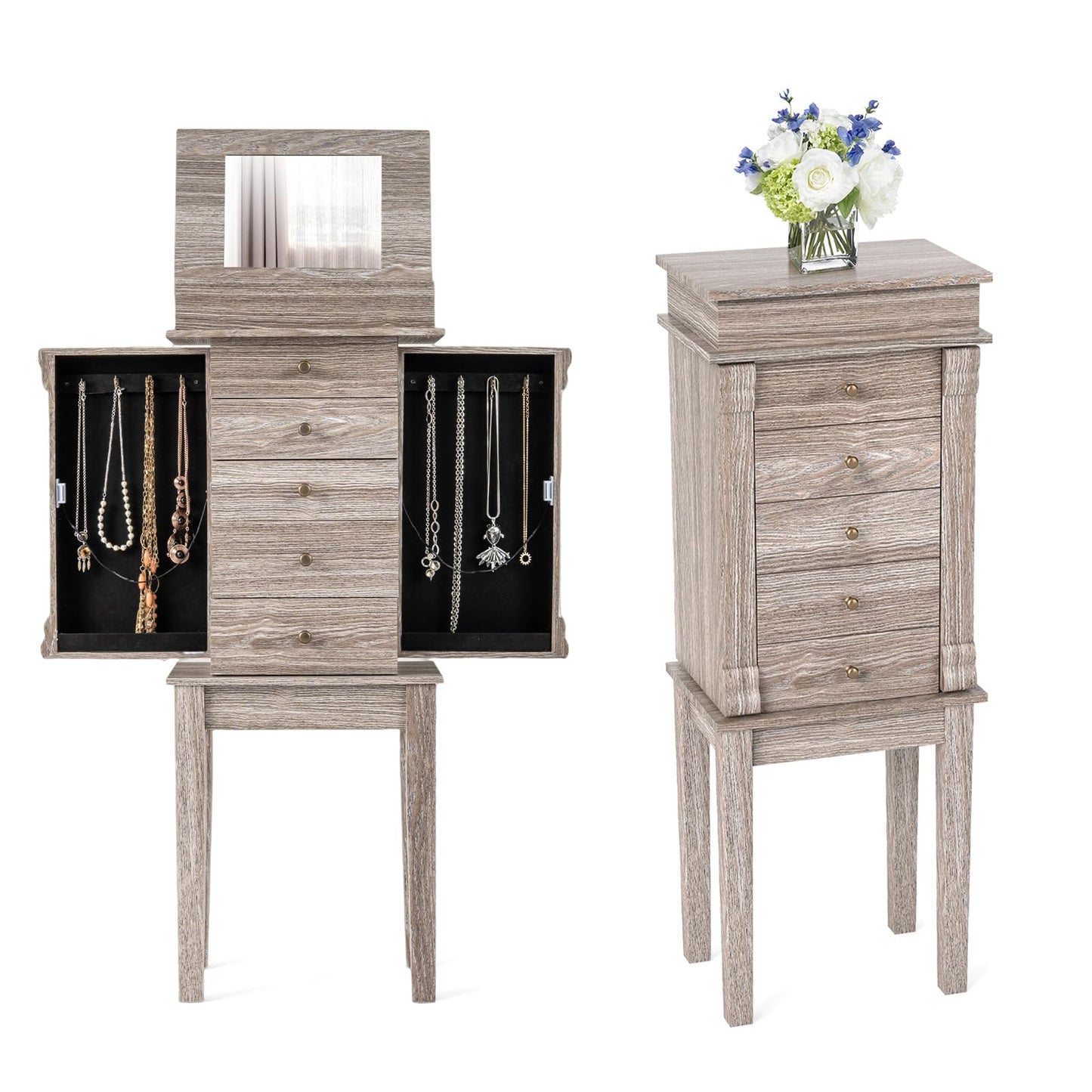 COSTWAY Standing Jewelry Armoire Cabinet, Wooden Jewelry Storage Chest with 5 Drawers, 2 Side Doors & Flip Top Mirror, Jewelry Cabinet with Top Divided Compartments for Women, Girls, Grey