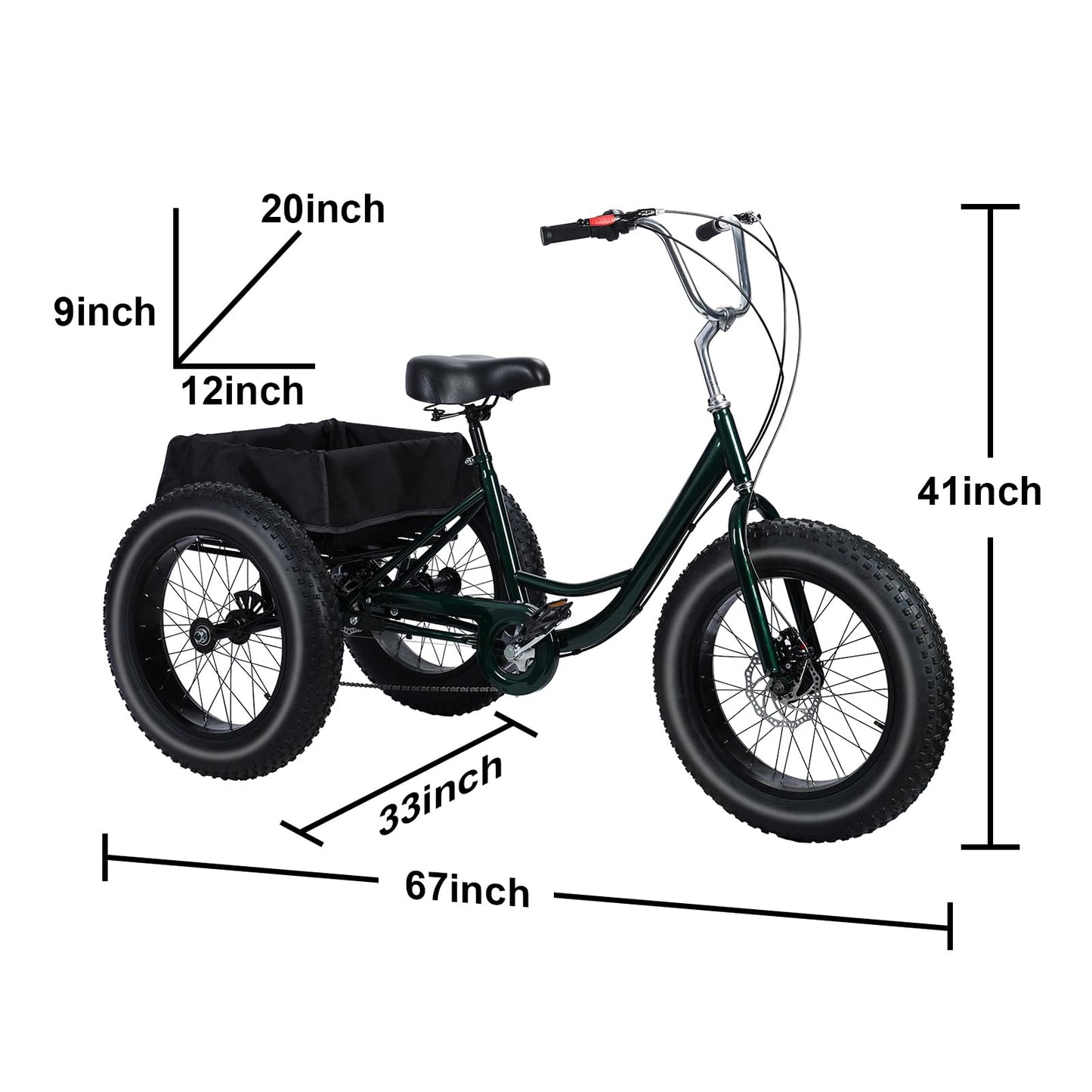 Snabcibs Adult Tricycle with 7-Speed Gear & 20" Fat Tires - Heavy Duty 450lbs Capacity 3 Wheel Bike for Adults/Seniors, Front/Rear Disc Brakes with Spacious Shopping Basket (Black)
