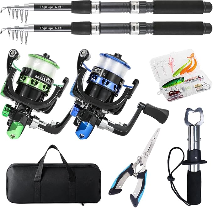 Tripquips Fishing Rod, 2PCS Telescopic Fishing Rod and Reel Combo with Fishing Pliers and Lip Gripper, Pre-Loaded Spinning...