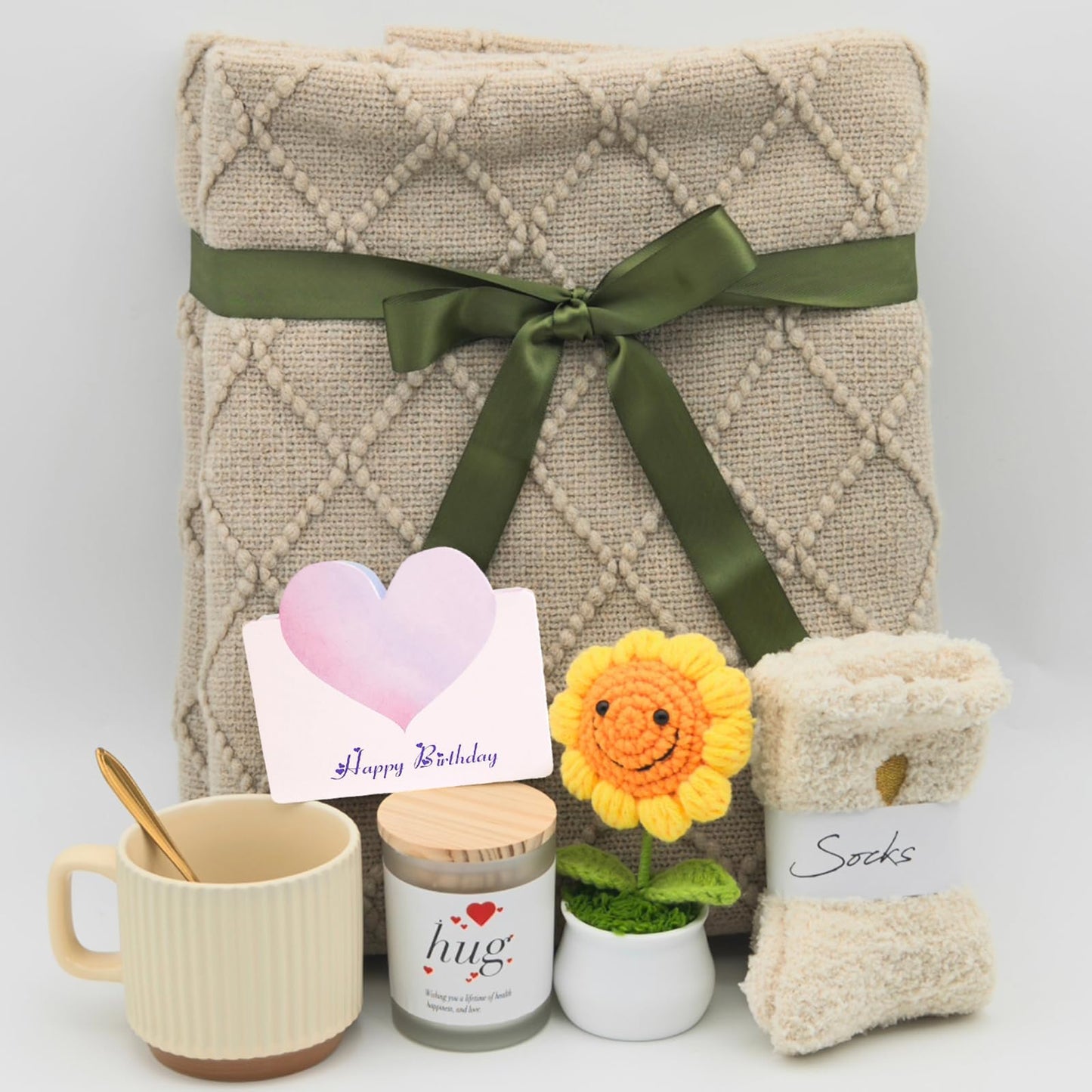wangpengkai Birthday Gift Box for Women, 8 Pcs Get Well Soon Gifts Basket After Surgery, Sympathy Self Mother's Day Care Package, Cozy Off White Hug Blankets Gift for Sick Friends- Khaki