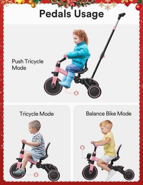 besrey 4 in 1 Toddler Bike, Toddler Tricycle for 1-3 Year Old, Trike with Push Handle, Backrest and Safety Belt, Birthday Gifts and Toys for Boys and Girls, Balance Bike