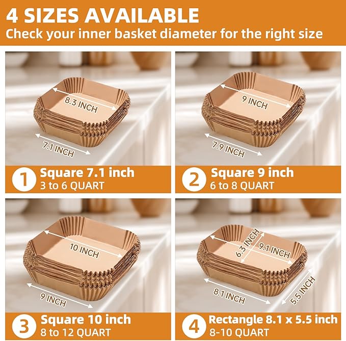 HONYAO Air Fryer Paper Liners 9 inch for 6-8 Qt Airfryer, 200pcs XL Square Disposable Insert