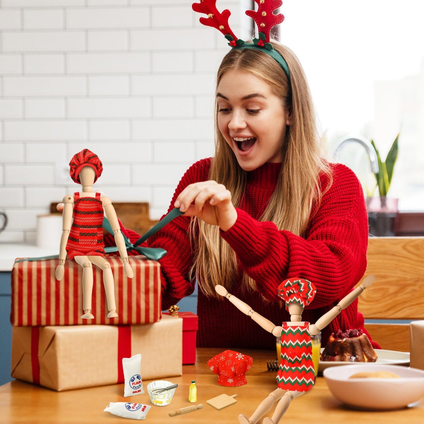 Kajaia 30 Pcs Christmas Accessories Mini Doll Baker Outfit Set Include Baking Apron and Hat Miniature Rolling Pin Flour Egg Bowl Cookie Tray Whisk, Doll is Not Included