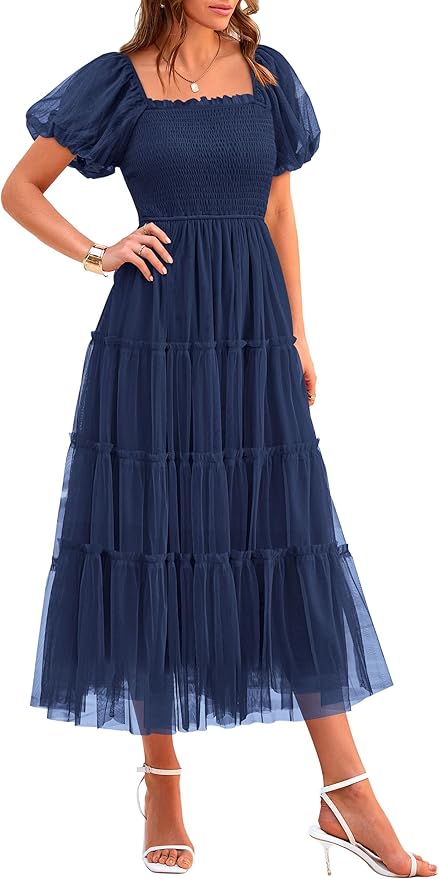 PRETTYGARDEN Women's Smocked Midi Tulle Dress 2026 Summer Puffy Short Sleeve Square Neck Ruffle Wedding Guest Party Dresses