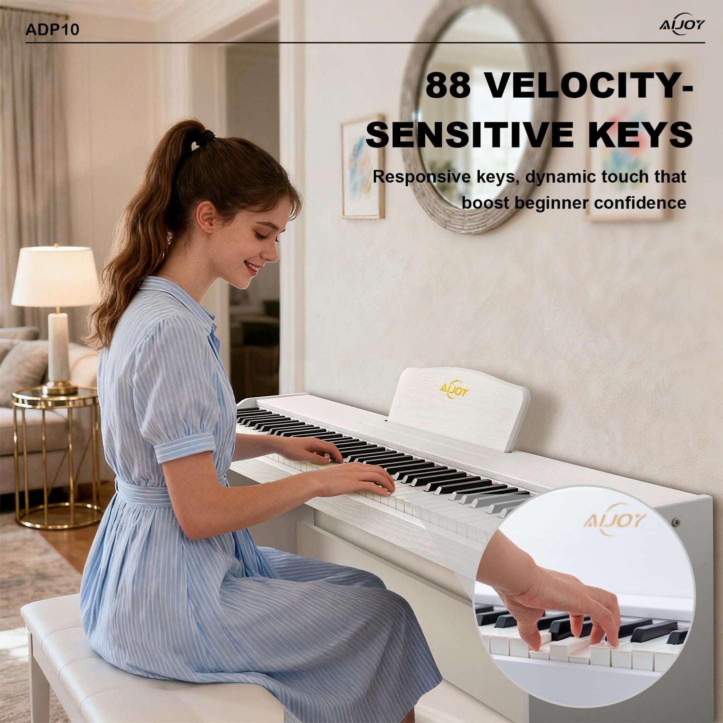 AiJoy 88-Key Digital Piano for Beginners, Velocity-Sensitive Keys, Electric Piano with Triple Pedal, MIDI & Headphone Support, Compact Elegant Design, Christmas & Birthday Gifts, White (ADP10)