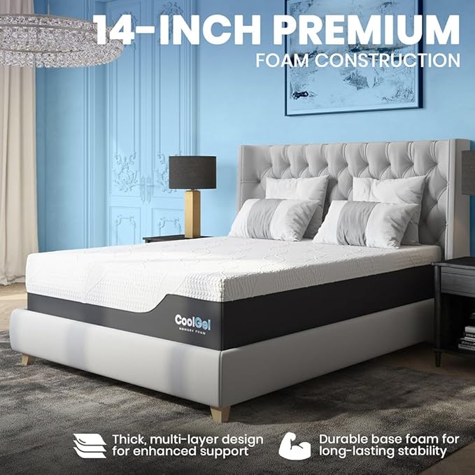 Cool Gel Chill 14 Inch Medium Firm Memory Foam Mattress Twin XL Size, with Bonus Cool Gel Memory Foam Bed Pillow, 14" with Pressure Relief, CertiPUR-US Certified, Cooling Twin XL Mattress in a Box