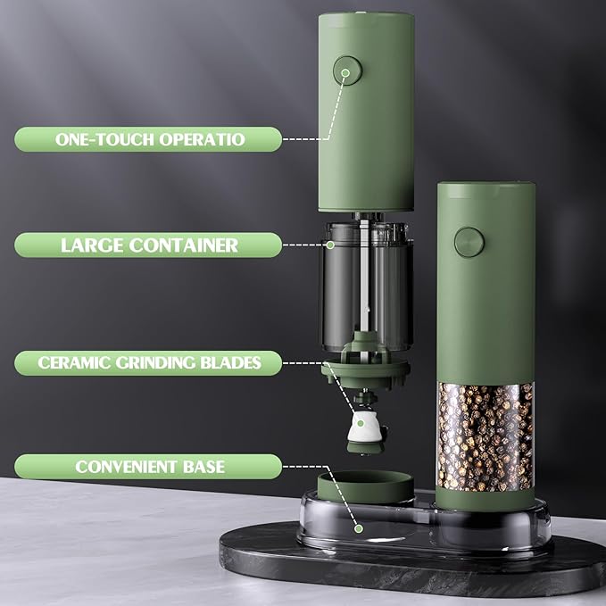 Salt and Pepper Grinder Set Mom Christmas Gifts, Electric Automatic Green Salt Pepper Shakers Home Kitchen Gadgets for New Home, Adjustable Coarseness Pepper Grinder Kitchen Appliances