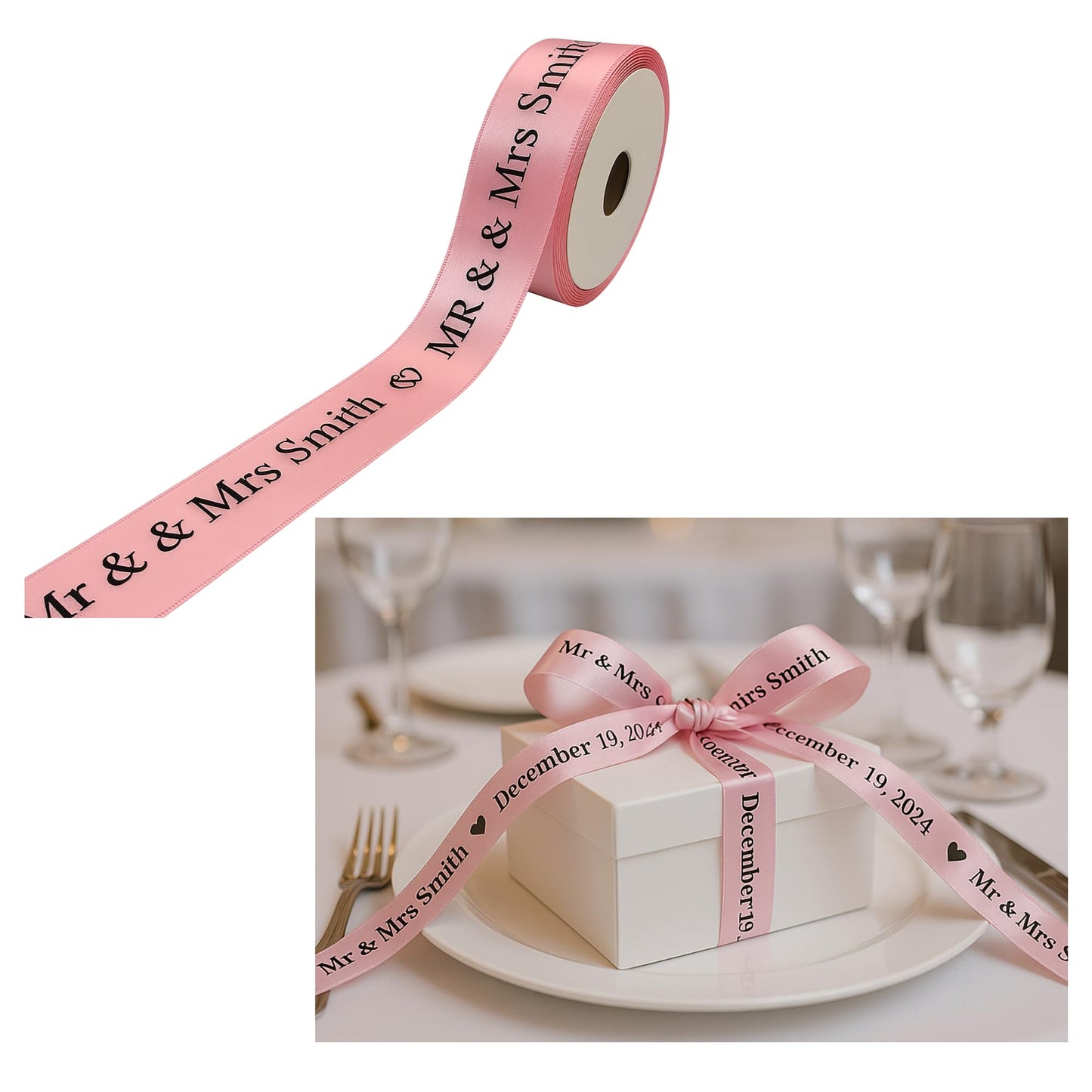 Personalized Wedding Ribbon - Customized with Your Name Dates or Text for Favors & Gifts Wrap or Invitations (5 yards)